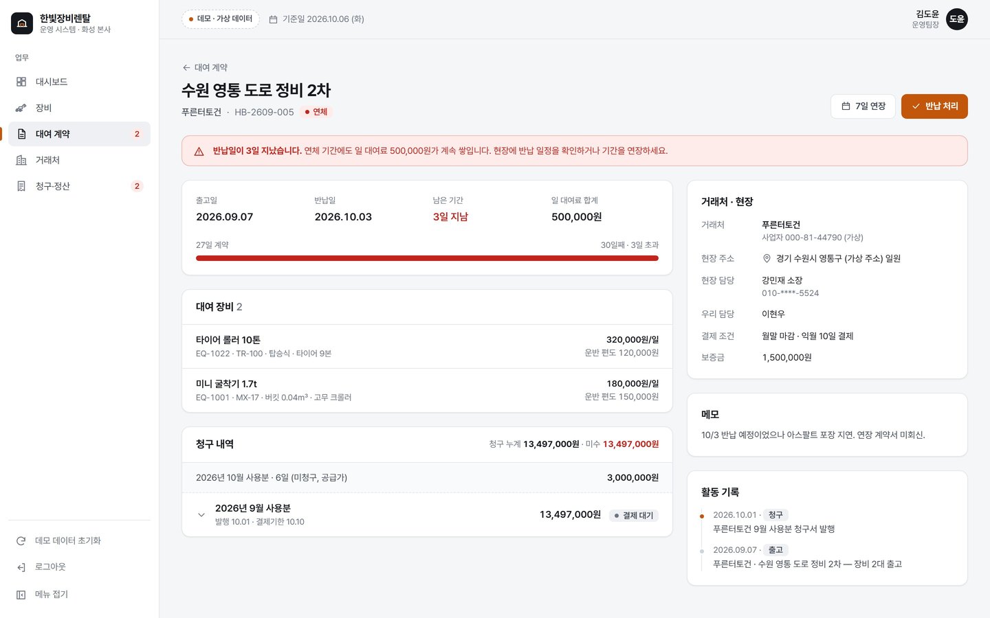 한빛장비렌탈 운영 시스템 — 대여 계약 상세 — 기간·현장·월별 청구·반납 처리